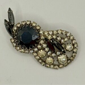 Vintage Black Rhinestone Brooch Silver Tone Clear Crystals Mid Century